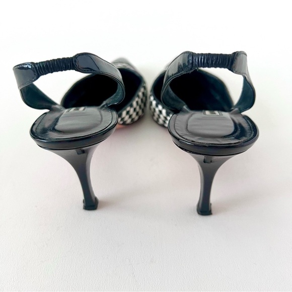 MANOLO BLAHNIK | Black White Cap Toe Woven Leather SlingBack Pointed Pumps - Picture 8 of 16